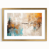 Framed abstract wall art featuring dynamic strokes and lines in gold and neutral tones, adding a modern touch to any decor.