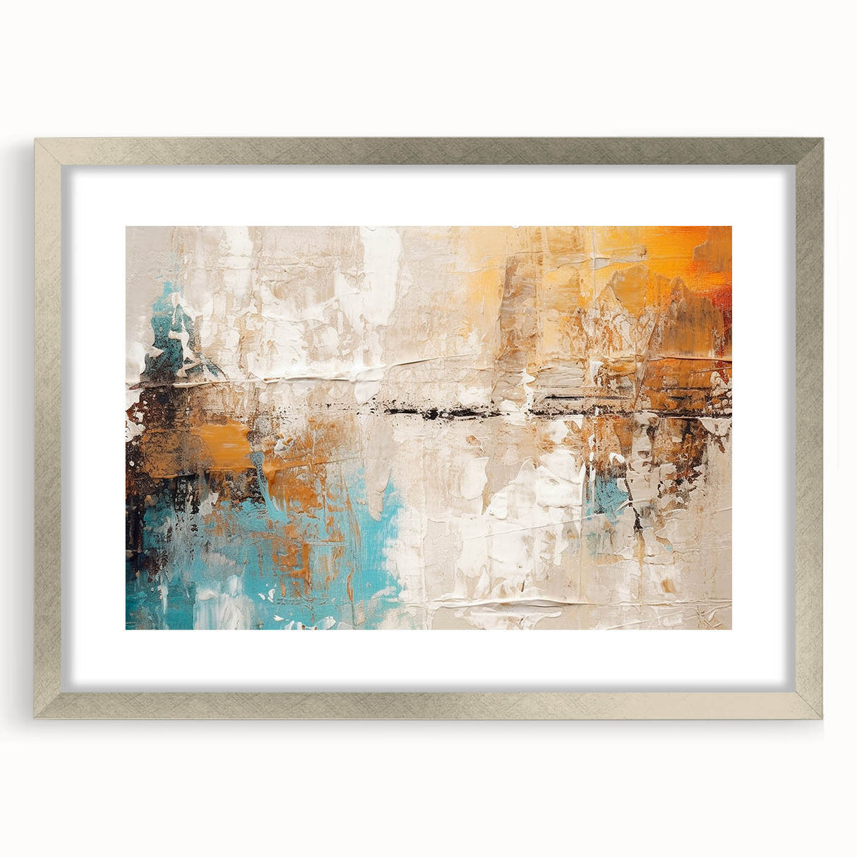 Framed abstract wall art featuring dynamic strokes and lines in a silver mat, perfect for modern decor, enhancing any living space.
