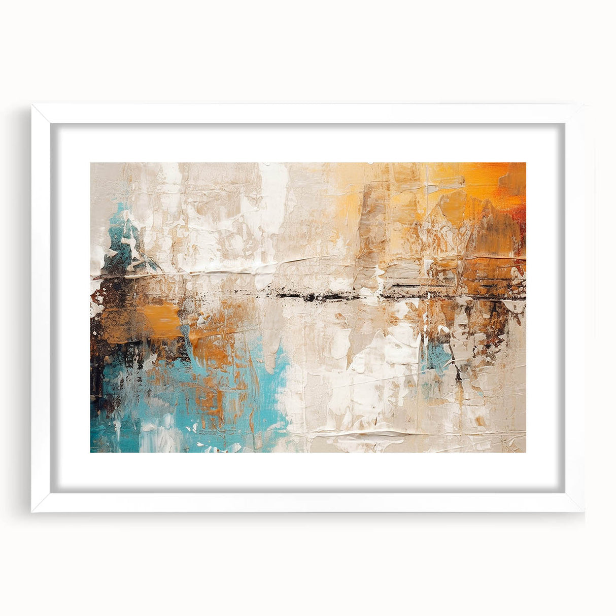 Abstract wall art featuring dynamic strokes and lines in earthy tones, elegantly framed with a white mat, perfect for modern home decor.