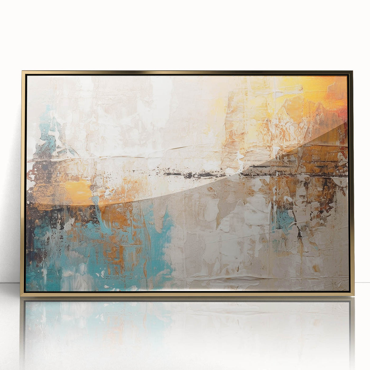 Framed abstract wall art featuring gold and gray strokes and lines on a white background, adding a modern touch to any decor.