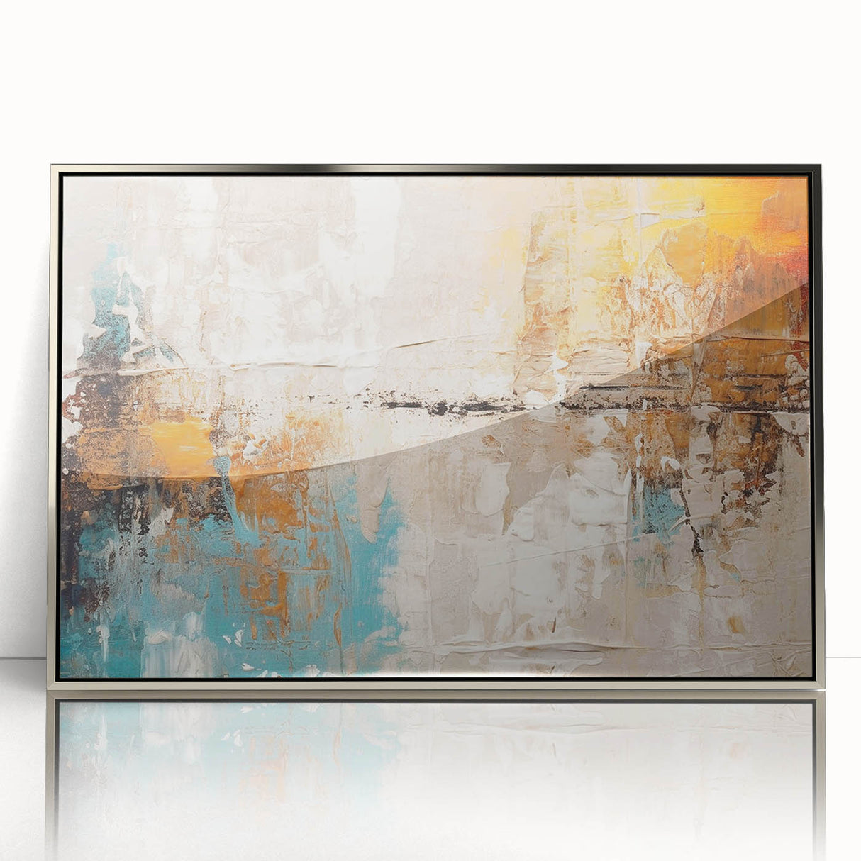 Framed abstract wall art featuring dynamic strokes and lines in silver and white, adding a modern touch to contemporary interiors.