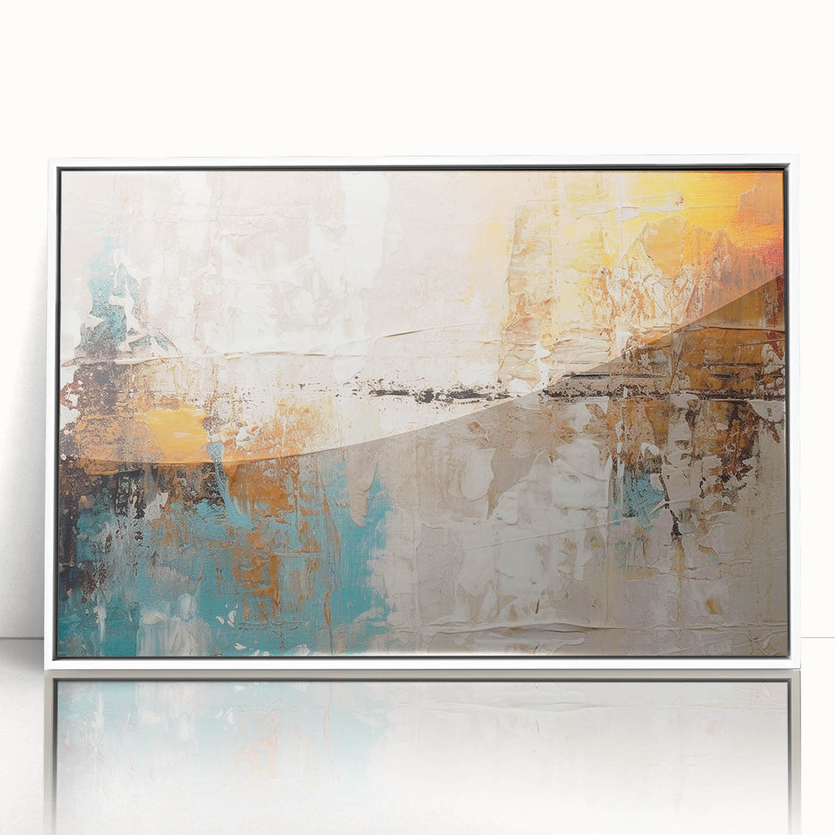 Framed wall art showcasing an abstract design with colorful strokes and lines, featuring a sleek white frame ideal for modern decor.