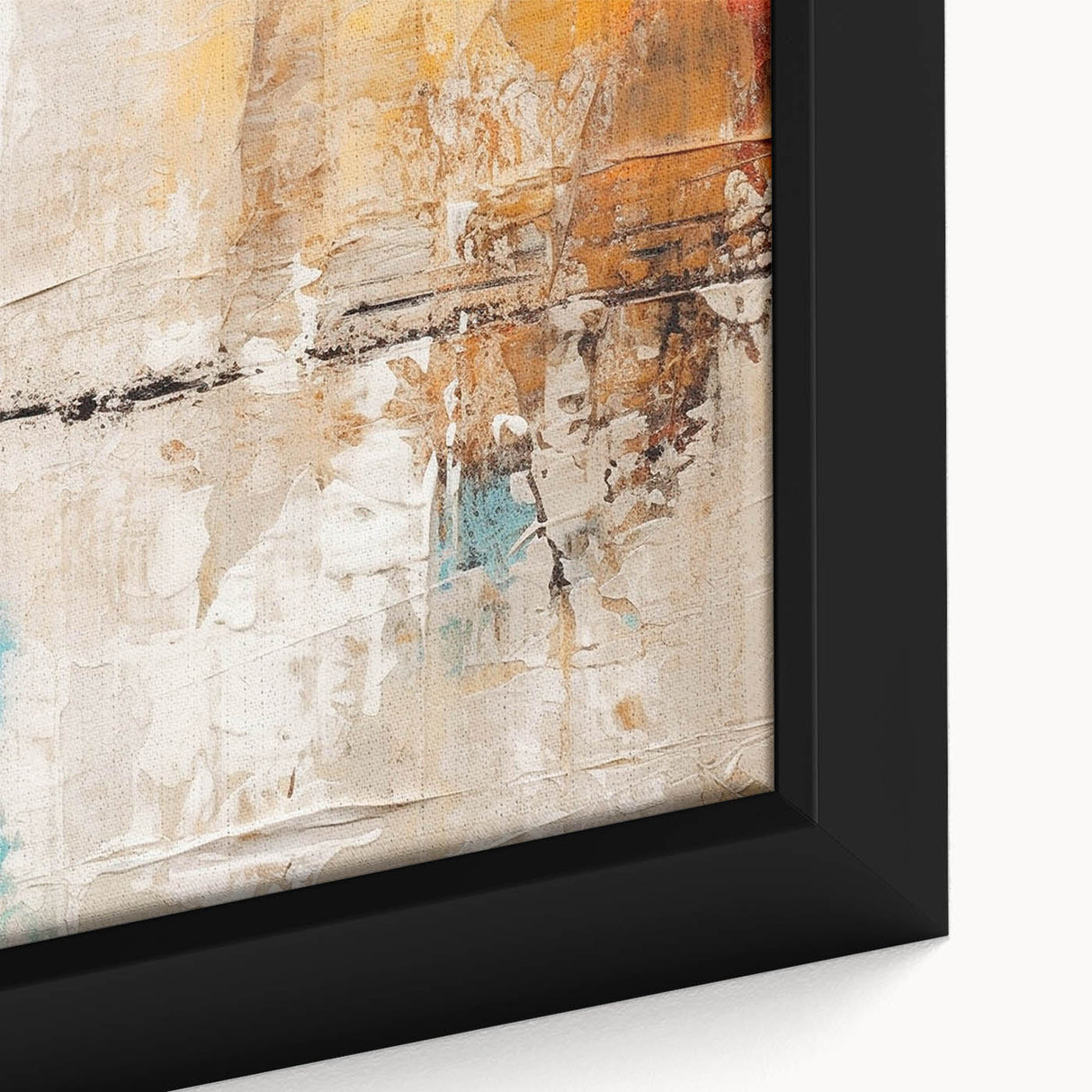 Close-up of an abstract canvas wall art piece showcasing vibrant strokes and lines, perfect for modern decor, framed elegantly for display.