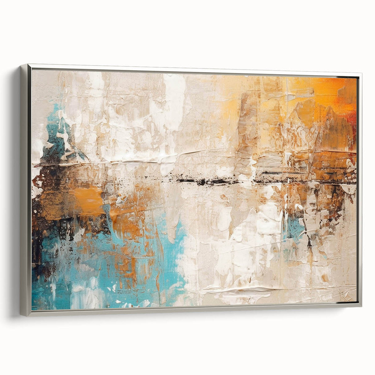 Framed wall art showcasing an abstract design of colorful strokes and lines in silver, adding a modern touch to any decor.