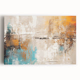 Abstract wall art featuring vibrant strokes and lines in shades of blue, orange, and gold, printed on stretched canvas for modern decor.