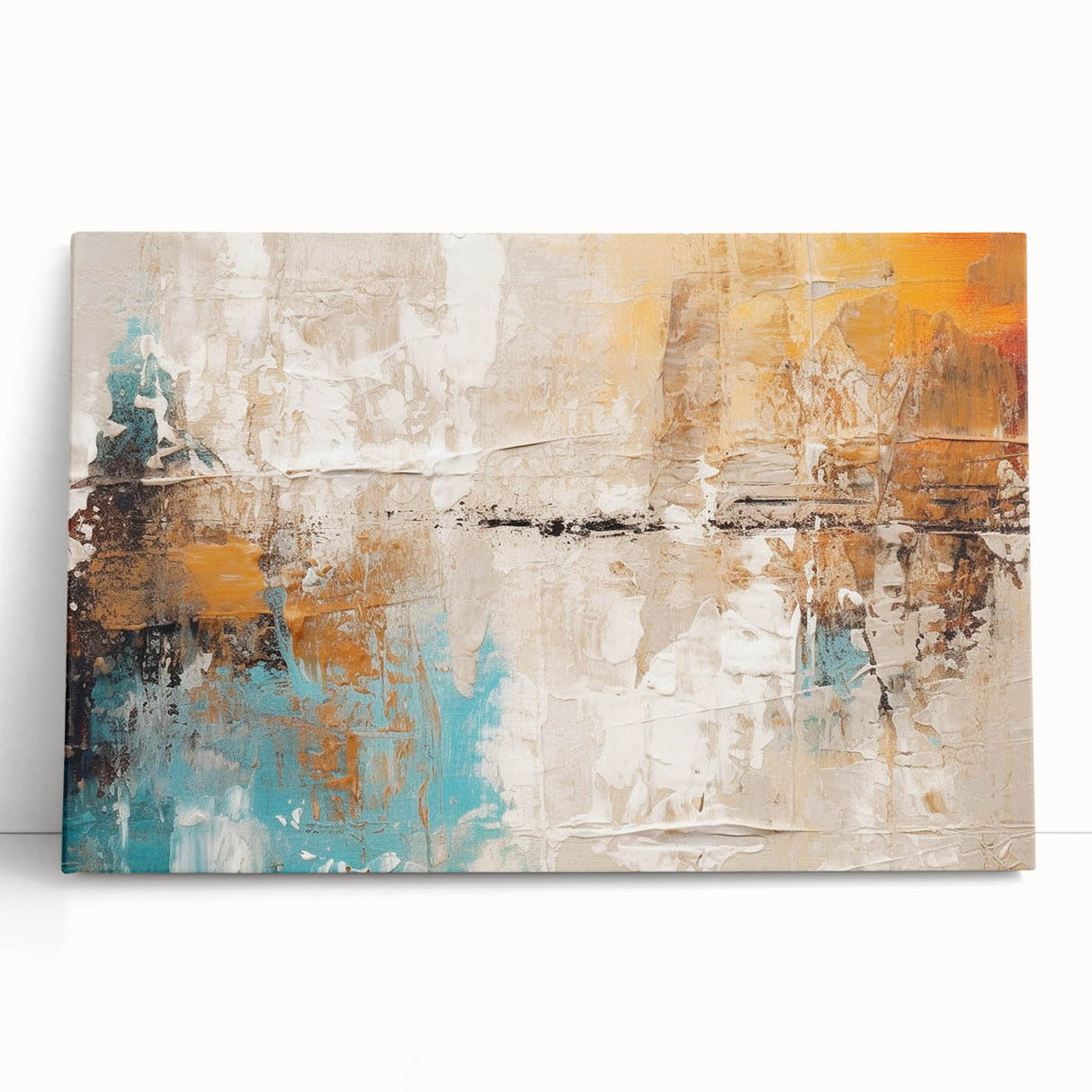 Abstract strokes and lines design on stretched canvas wall art, featuring a blend of soft pastels and bold colors, leaning against a wall.