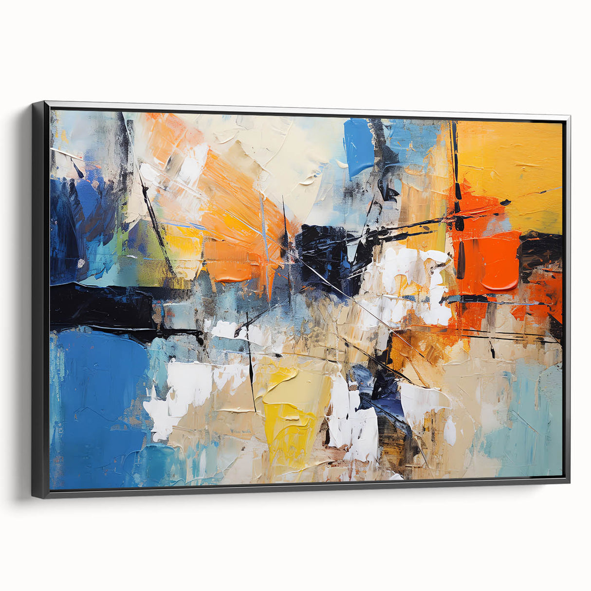 Framed abstract wall art featuring dynamic strokes and lines in black, showcasing a modern design ideal for contemporary home decor.