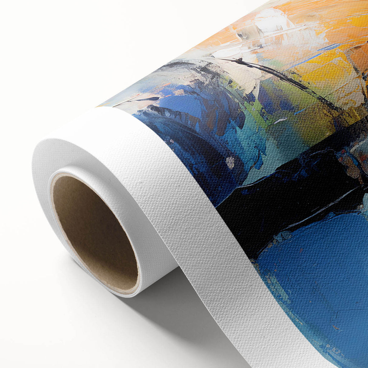 Abstract wall art design on rolled canvas showcasing vibrant strokes and lines in various colors, perfect for modern home decor and framing.