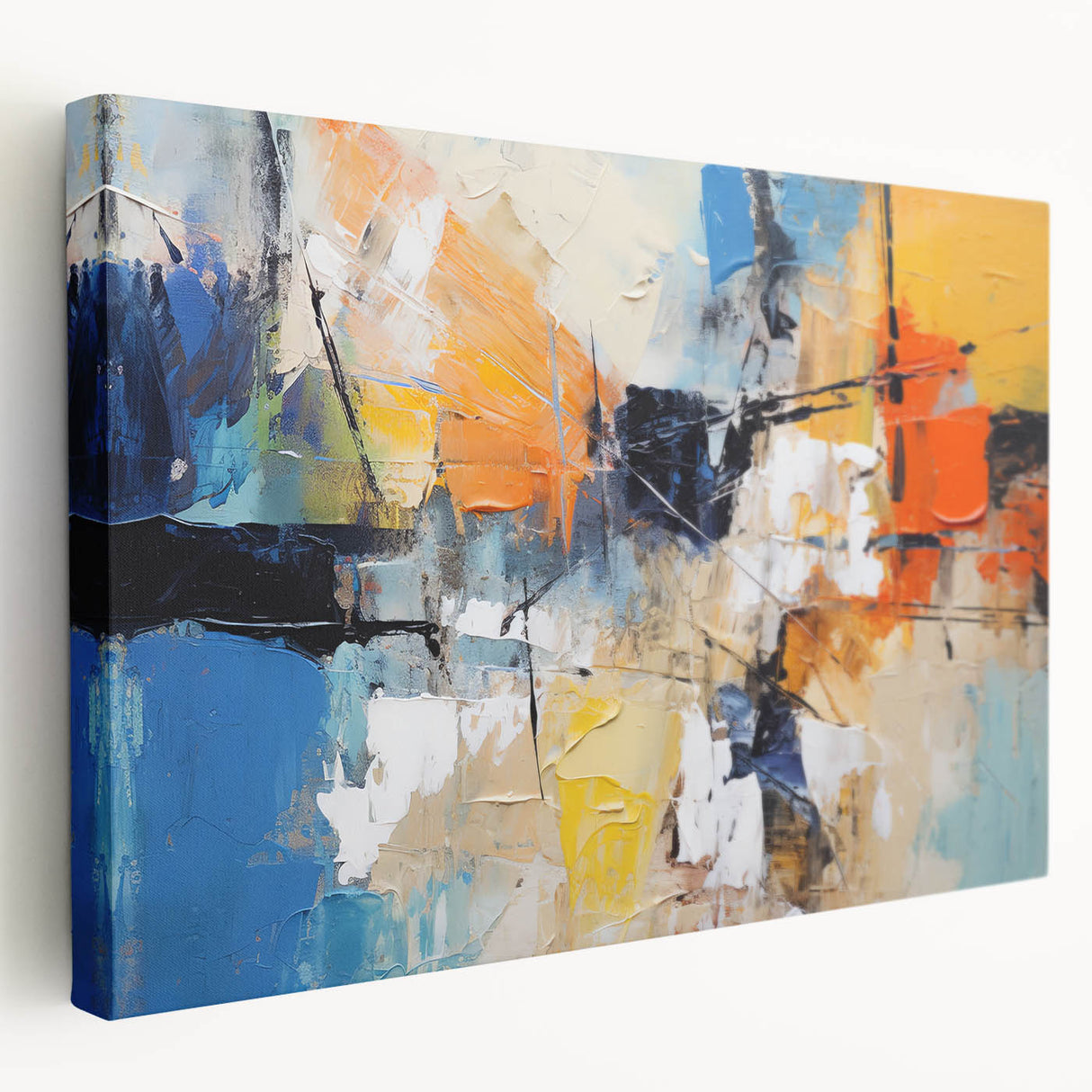 Abstract strokes and lines in vibrant colors create a modern wall art piece, showcasing a stretched canvas design with a side view.