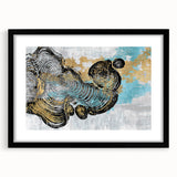 Abstract wall art featuring bold strokes and lines in a modern design, framed with a black mat, ideal for contemporary home decor. Perfect for adding a stylish touch to living spaces.