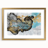 Abstract wall art featuring a collection of strokes and lines in shades of gold and white, elegantly framed with a mat. Perfect for modern decor.