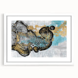 Abstract wall art design featuring colorful strokes and lines in a white frame with a mat, perfect for modern home decor and artistic expression.