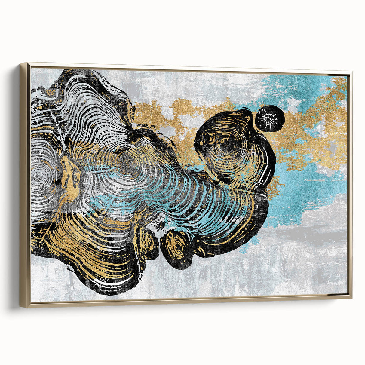 Framed wall art featuring an abstract design of strokes and lines in vibrant gold tones, showcasing a modern aesthetic ideal for contemporary decor.
