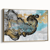 Framed wall art featuring an abstract design of strokes and lines in vibrant gold tones, showcasing a modern aesthetic ideal for contemporary decor.