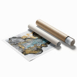 Abstract wall art print featuring vibrant strokes and lines in shades of blue, orange, and yellow, ideal for modern home decor. Perfect for enhancing living spaces and creating a bold artistic statement.