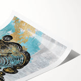 Abstract wall art print showcasing vibrant strokes and lines in shades of blue, orange, and yellow, perfect for modern home decor or office styling.