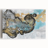 Abstract wall art featuring vibrant strokes and lines in shades of blue, orange, and yellow on a stretched canvas, ideal for modern home decor and artistic expression.