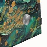 Close-up of an abstract wall art piece featuring colorful strokes and lines on acrylic glass, showcasing vibrant hues and modern design details.