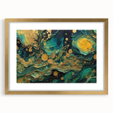 Framed wall art featuring an abstract design of colorful strokes and lines in a gold frame, perfect for modern home decor.