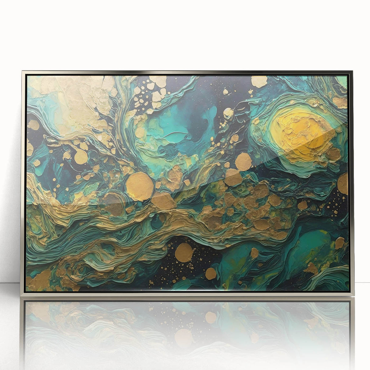 Framed abstract wall art featuring a dynamic design of colorful strokes and lines in a silver frame, perfect for modern decor.