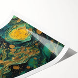 Abstract wall art print showcasing vibrant strokes and lines in shades of blue, orange, and yellow, perfect for modern home decor.