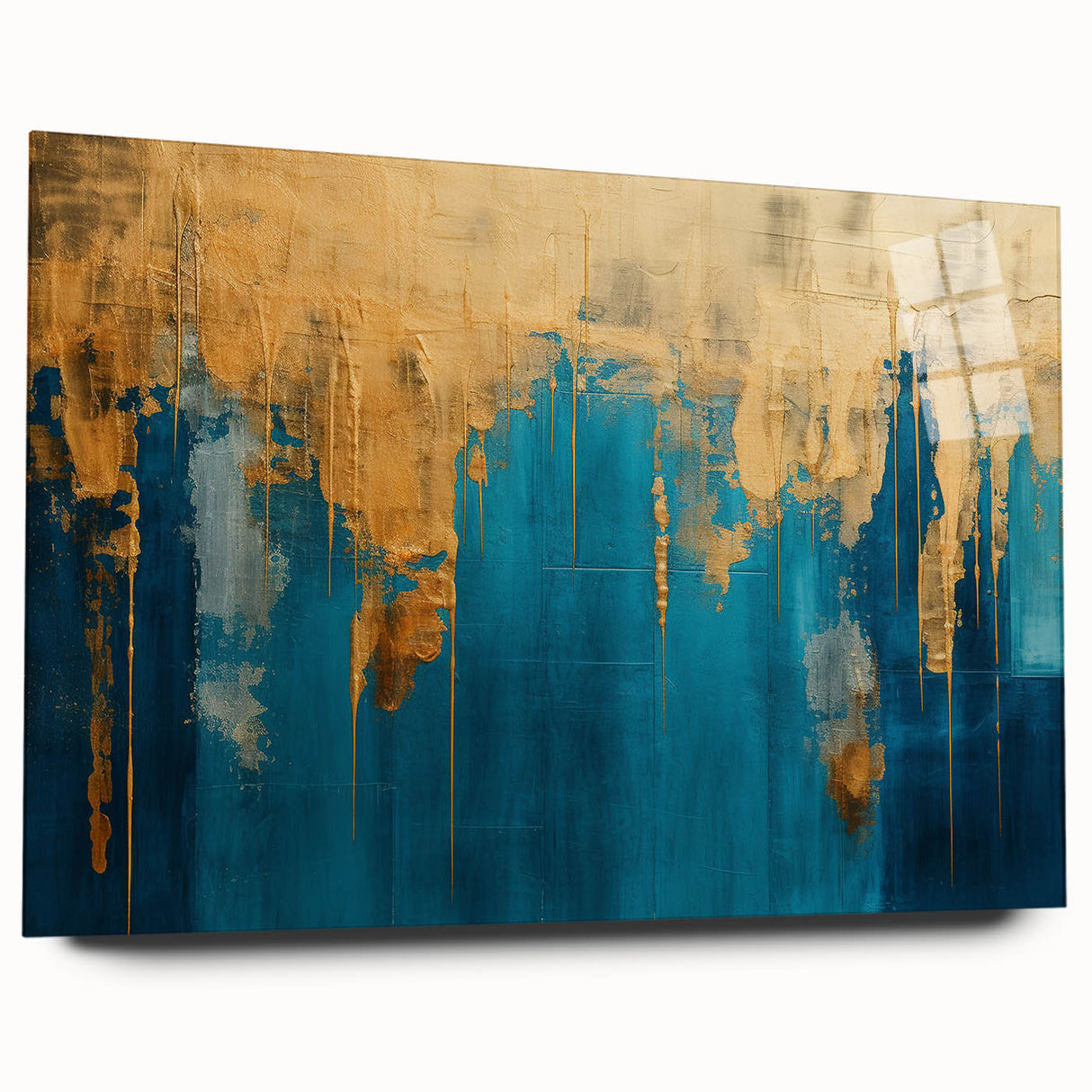 Abstract wall art design showcasing vibrant strokes and lines on acrylic glass, presented in a side view without pins, ideal for modern decor.