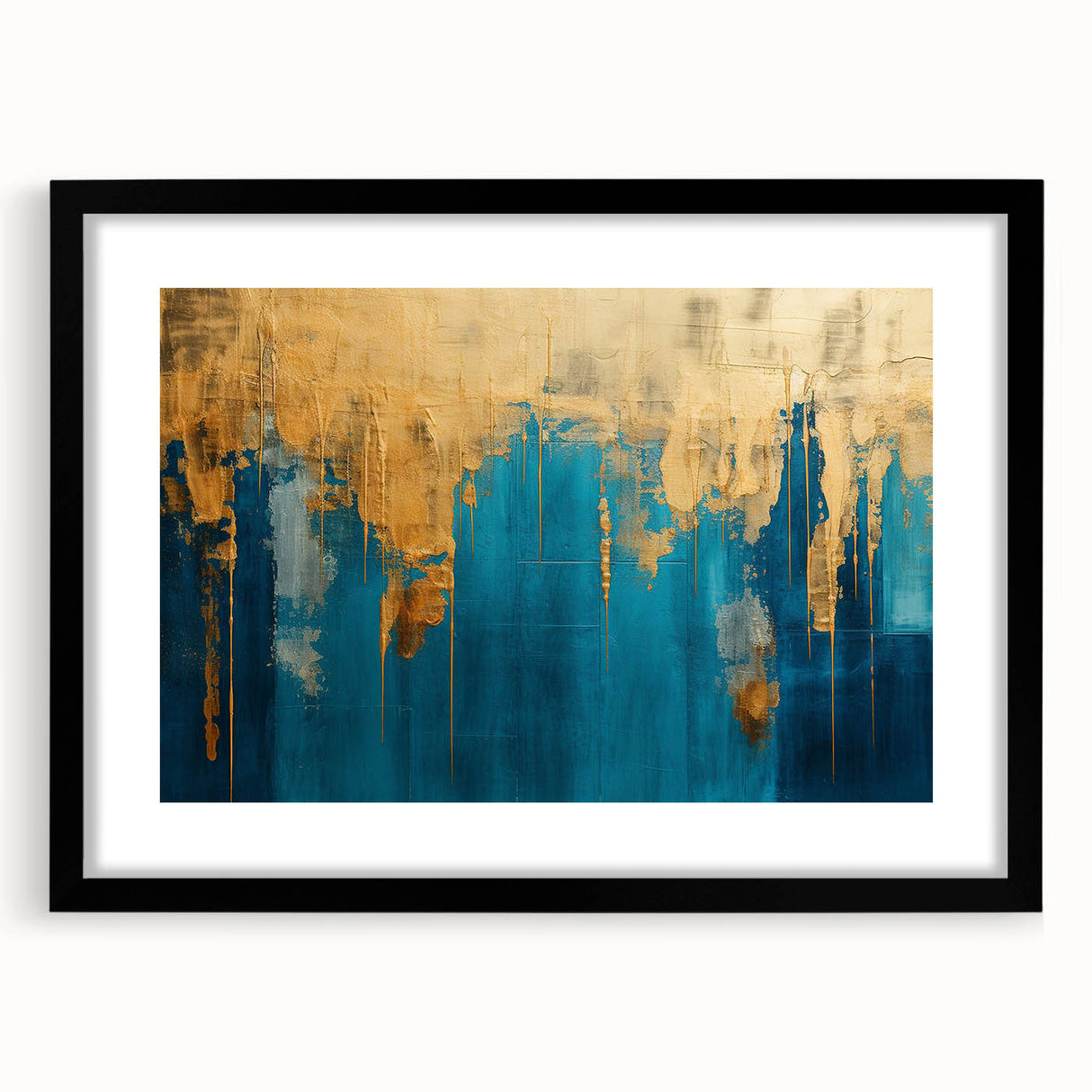 Framed abstract wall art showcasing a modern design of colorful strokes and lines, set in a sleek black frame with a mat for elegance.