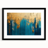 Framed abstract wall art showcasing a modern design of colorful strokes and lines, set in a sleek black frame with a mat for elegance.