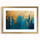 Framed abstract wall art with gold accents, showcasing dynamic strokes and lines on a textured background, perfect for modern decor.