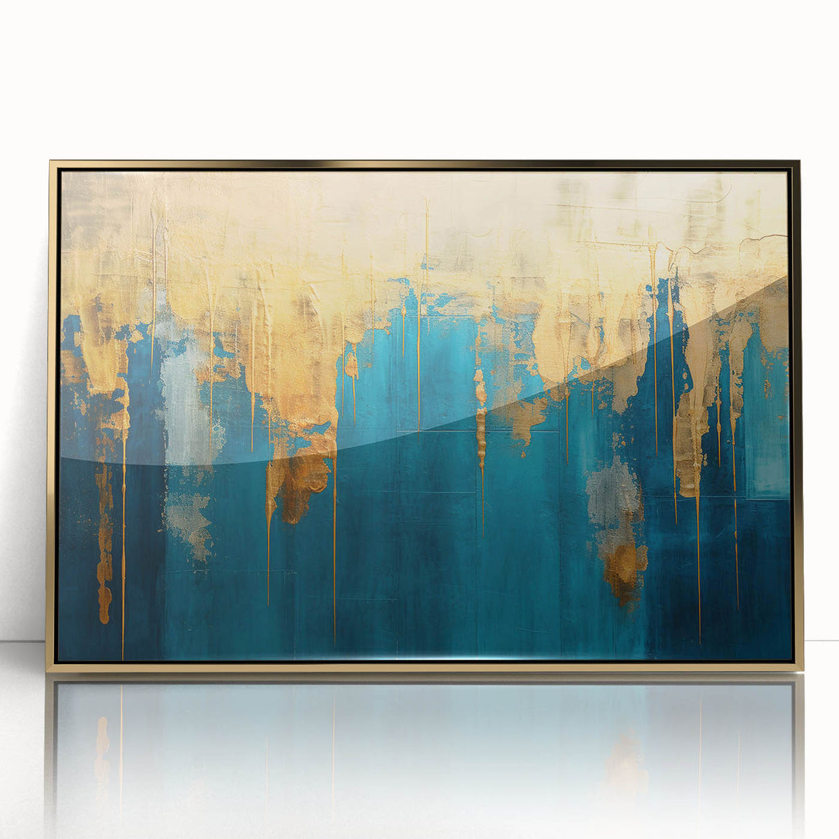 Framed abstract wall art featuring colorful strokes and lines in gold and black hues, perfect for modern home decor and artistic styling.