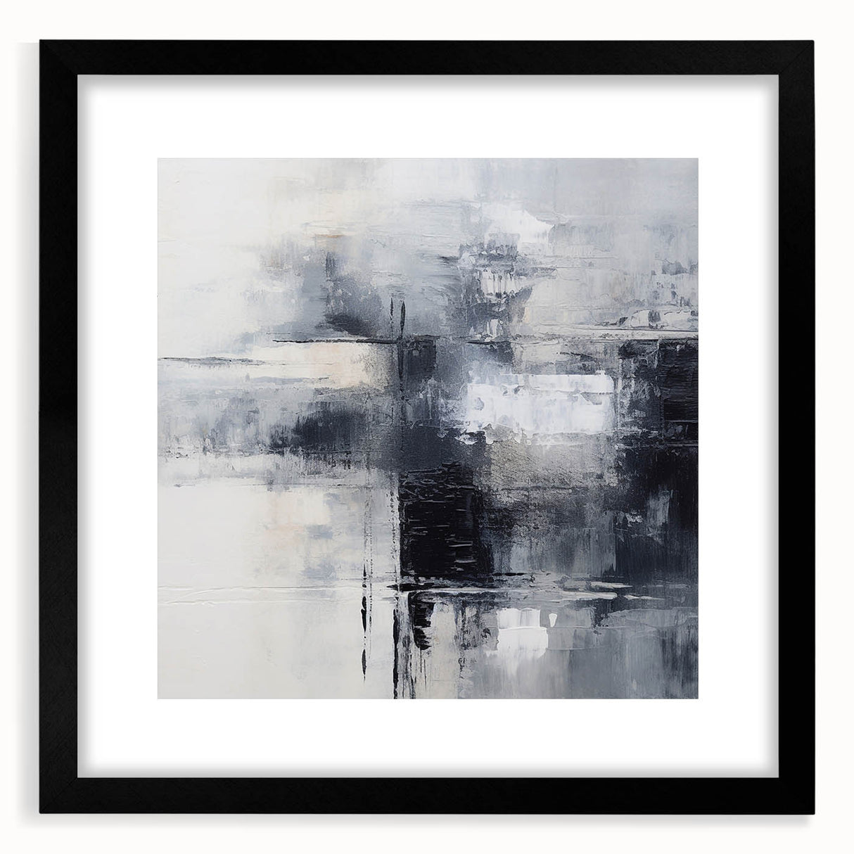 Abstract wall art featuring black strokes and lines on a white background, elegantly framed with a matte finish for modern home decor.