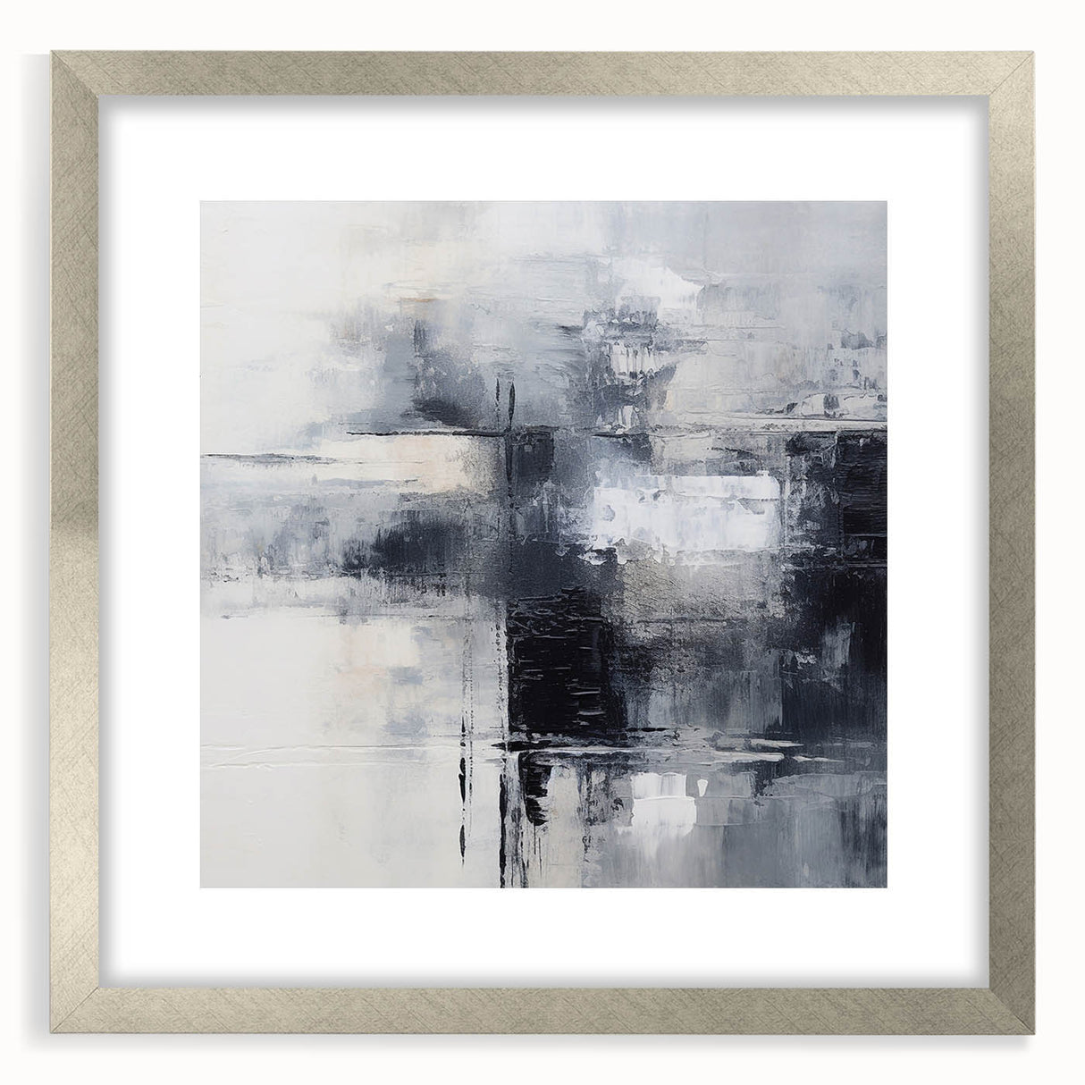 Abstract strokes and lines wall art design in a silver frame with a mat, showcasing a modern aesthetic perfect for contemporary decor.