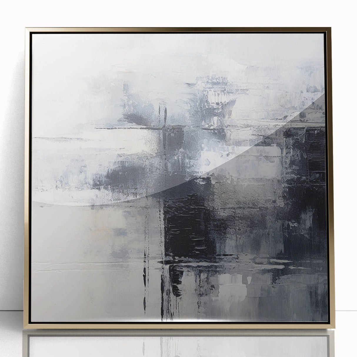 Framed abstract wall art showcasing a vibrant design of strokes and lines in gold and black, perfect for modern home decor.