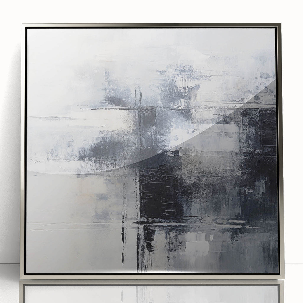 Framed wall art showcasing an abstract design of silver strokes and lines on a textured background, enhancing modern decor with elegance.