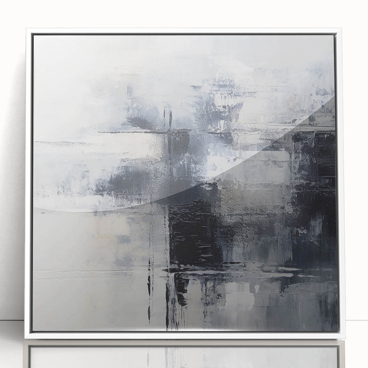 Framed abstract wall art featuring colorful strokes and lines in vibrant hues of blue, yellow, and pink, set against a sleek white background.