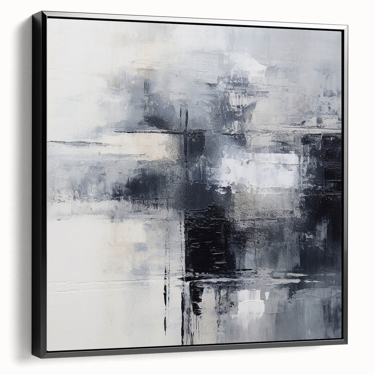 Framed abstract wall art showcasing dynamic strokes and lines in a modern design, featuring a black frame and side view perspective.