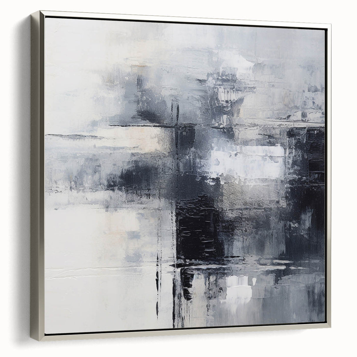 Framed abstract wall art showcasing colorful strokes and lines in a modern design, set against a silver frame, ideal for contemporary decor.