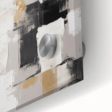 Close-up of an abstract wall art design featuring colorful strokes and lines, showcasing vibrant hues and fluid shapes on acrylic glass.