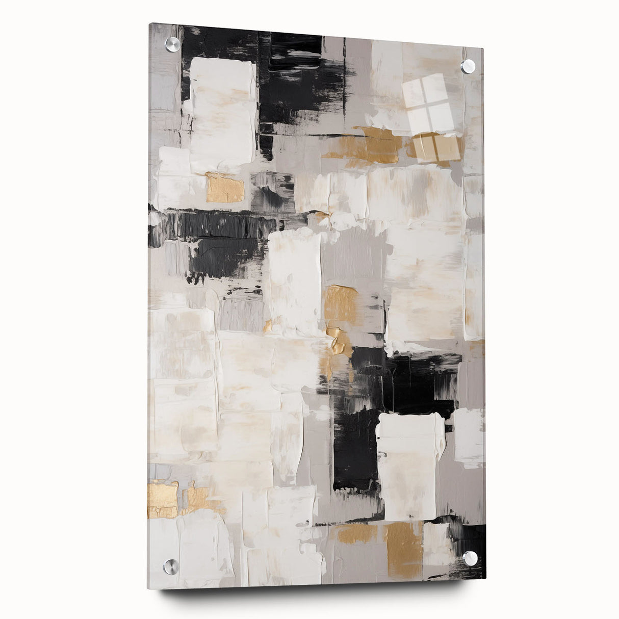 Abstract wall art featuring colorful strokes and lines on acrylic glass, presented with pins for easy hanging, ideal for modern decor.