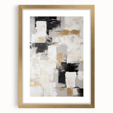 Abstract wall art print showcasing vibrant strokes and lines in gold and black, elegantly framed with a matte finish, ideal for modern decor.
