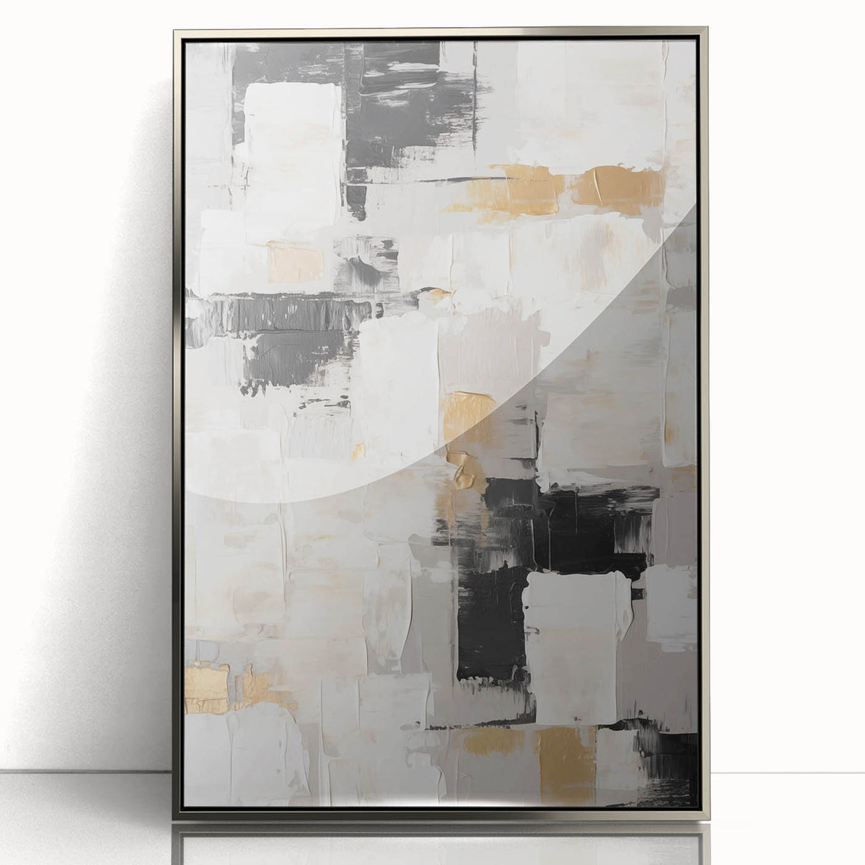 Framed abstract wall art featuring colorful strokes and lines in a modern design, presented in a sleek silver frame, perfect for contemporary decor.