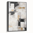 Framed wall art showcasing an abstract design of colorful strokes and lines on a black canvas, viewed from the side, perfect for modern decor.