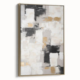 Framed wall art featuring abstract strokes and lines in gold and black, showcasing a modern design perfect for contemporary decor.