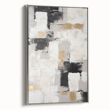 Framed wall art showcasing an abstract design with silver strokes and lines on a textured canvas, ideal for modern home decor.