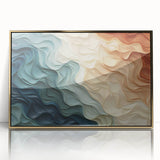 Framed wall art showcasing an abstract design of colorful strokes and lines in gold and neutral tones, perfect for modern decor.