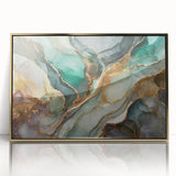 Framed wall art featuring an abstract design of gold strokes and lines on a black background, ideal for modern home decor.