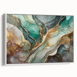 Framed abstract wall art featuring colorful strokes and lines on a textured canvas, displayed in a sleek white frame against a neutral background.