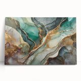 Abstract wall art print with colorful strokes and lines in vibrant hues, designed for modern decor, showcasing a stylish canvas leaning against a wall.