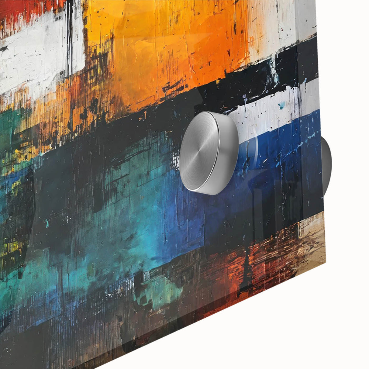 Abstract wall art featuring a vibrant collection of colorful strokes and lines on acrylic glass, showcasing modern design elements perfect for contemporary decor.