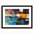 Abstract wall art print featuring vibrant strokes and lines in a modern design, framed in black with a white mat, ideal for contemporary decor.